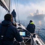 Skipper and crew navigating through dense fog during an offshore sailing passage
