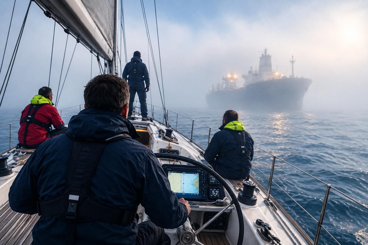 Skipper and crew navigating through dense fog during an offshore sailing passage